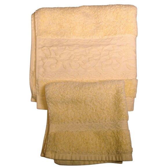 Wellesley Manor Damask Cotton Towel Set 2 Large Hand 1 Washcloth Butter Yellow - Picture 3 of 10